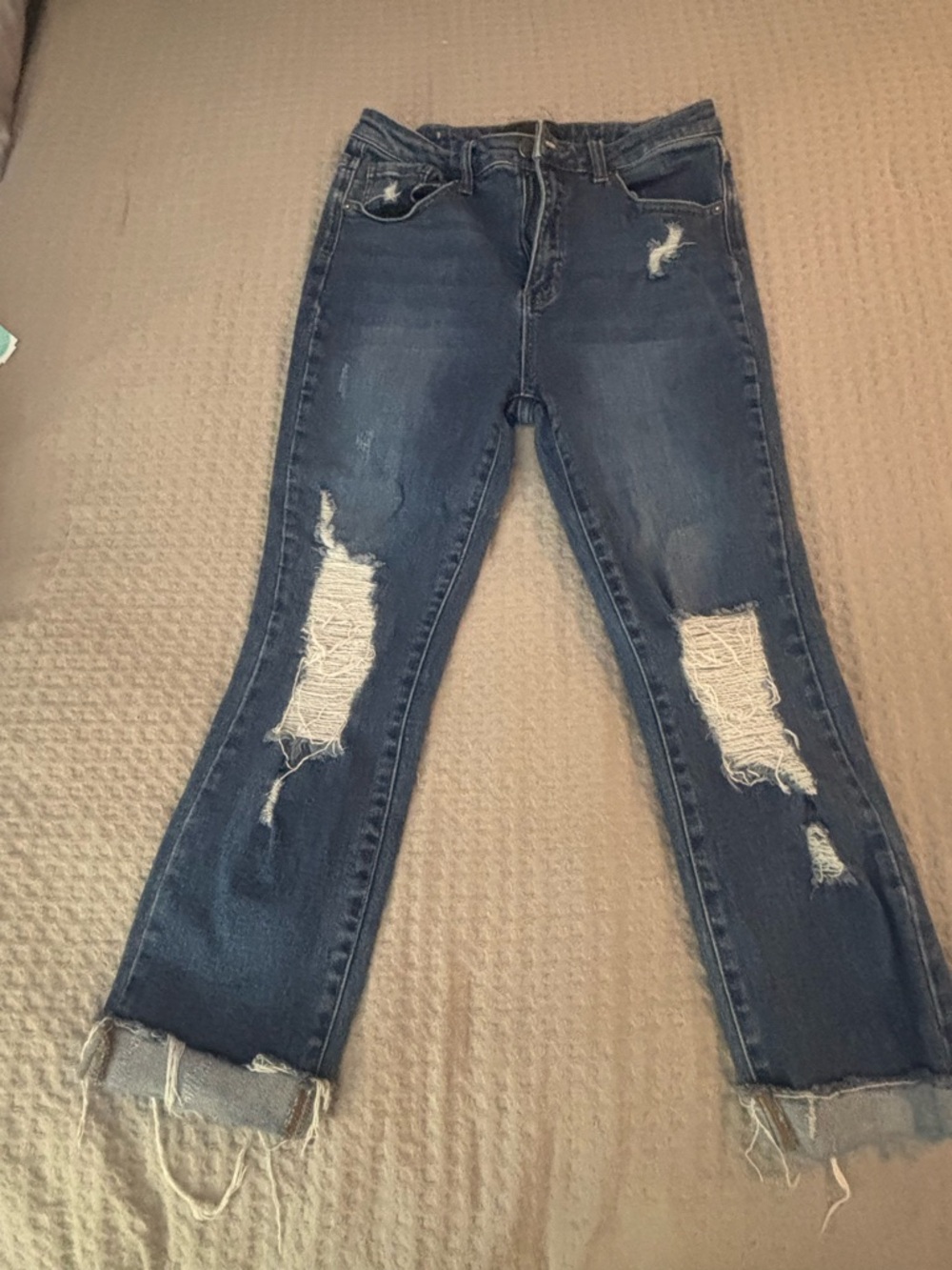 Dark Blue Distressed Boyfriend Jeans with Frayed Hem